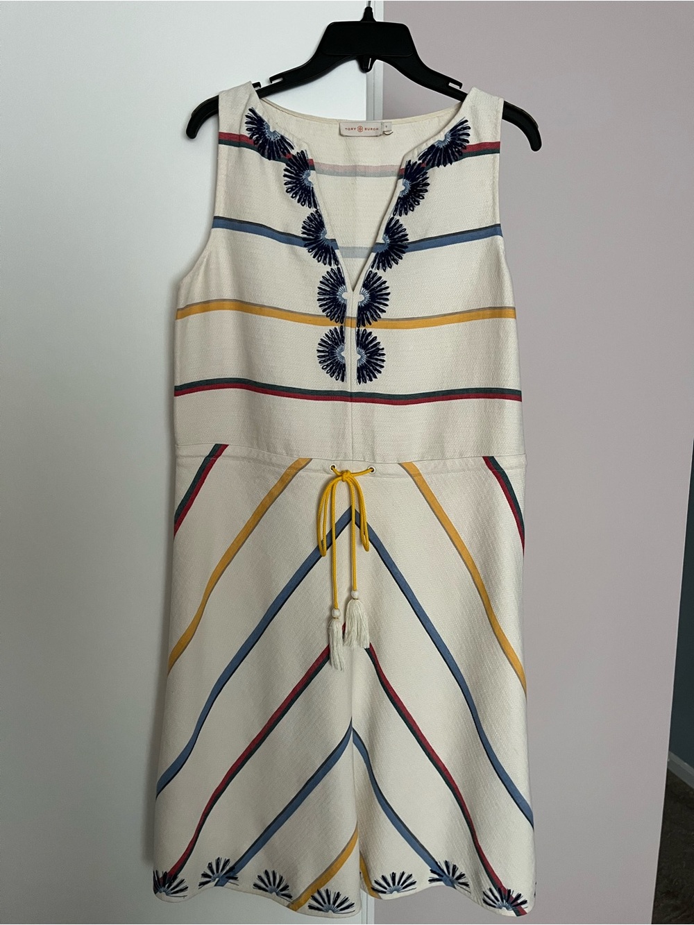 Striped Embroidered Sleeveless Drawstring Dress - Cream with Navy, Mustard & Red